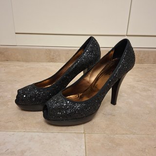 Zapatos Peep Toe Fiesta Glitter Negro y Plata