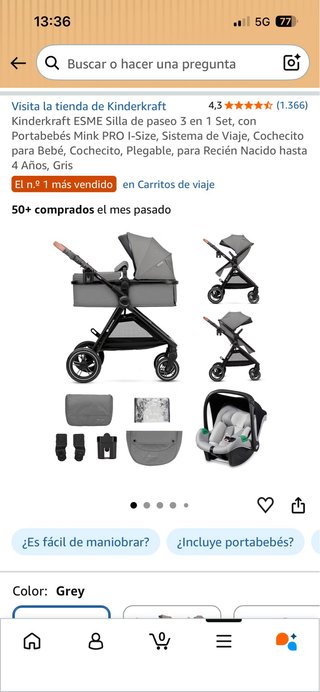 Carrito 3 en 1 Kinderkraft ESME Gris ( Sin usar )