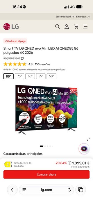Smart TV LG QNED Evo 86 pulgadas QNED85A