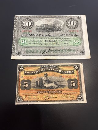 Lote 2 Billetes Antiguos Banco Español de Cuba