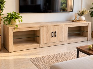 Mueble de TV con luz y estantes de cristal