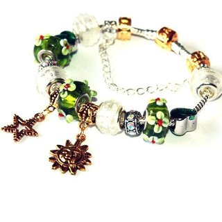 Pulsera Estilo Pandora Charms Verdes Dorados Lujo