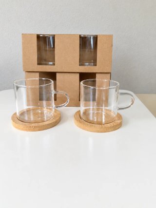 Conjunto 4 Copos de Café com Base de Bambu