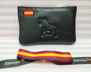 MONEDERO NEGRO PIEL TORO CON BANDERA + PULSERA