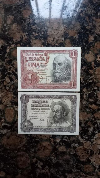 2 Billetes de 1 Peseta españolas antiguas