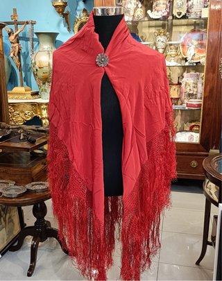 Antiguo Mantón de Manila de Seda Rojo