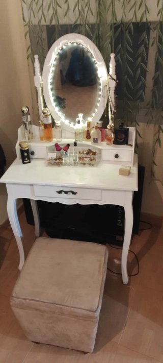 Tocador Blanco con Espejo y Taburete
