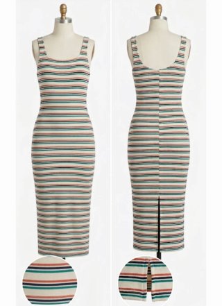 Vestito midi aderente a righe con spacco
