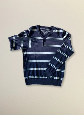 Maglione Tommy Hilfiger collo a V blu navy righe