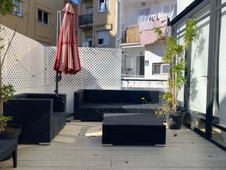 Sofá 3 plazas, sillón, mesa y tumbona ratán negro